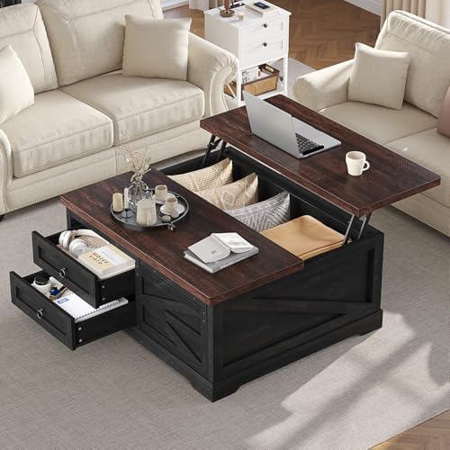 Itaar 39.4'' Lift Top Coffee Table with Storage, Farmhouse Coffee Tables for Living Room, Square Coffee Table with Large Hidden Compartment & 2 Drawers & Adjustable Shelves, Black+Walnut
