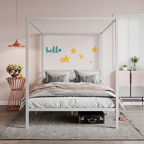 SHA CERLIN Queen Size Canopy Bed Frame with Heavy Duty Metal Slats, White