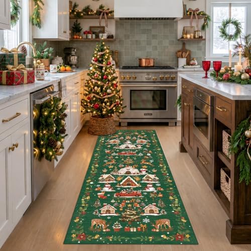 2x5 Christmas Runner Rug for Hallway - Washable Thin Kitchen Rug Runner Non Slip Low Pile Water Resistant Floor Mat for Entryway Laundry Bathroom Soft Bedroom Carpet （2x5,Green）