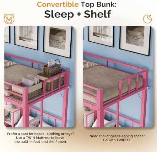 Bonnlo Metal Triple Bunk Bed Twin Over Twin Over Twin,3 Bunk Beds with Shelves for Kids,Teens and Adults, Detachable 3 Person Bed, No Box Spring Needed,Pink