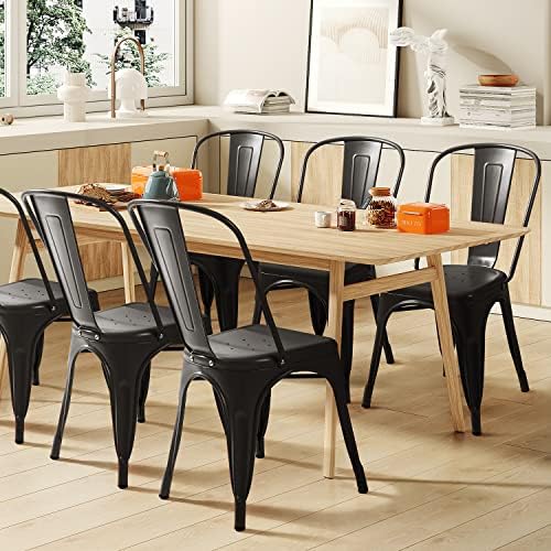Furmax Metal Dining Chair Indoor-Outdoor Use Stackable Classic Trattoria Chair Chic Dining Bistro Cafe Side Metal Chairs Set of 4 (Black)