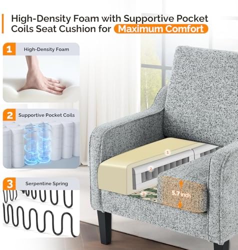 VINGLI Grey Accent Chair, Chenille Upholstered Armchair for Living Room