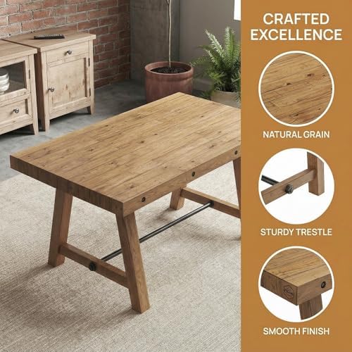 Rustic Dining Table for 4-6 People, 59" Farmhouse Rectangular Kitchen Table, Reclaimed Solid Wood Dining Room Table with Trestle Base for Kitchen/Dining Room, Home Office, Rustic Brown