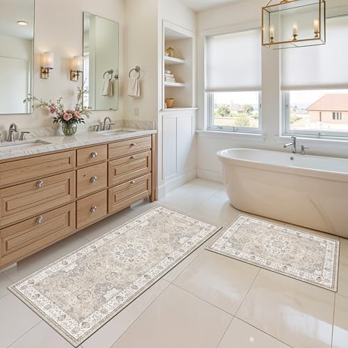 4 Pieces Kitchen Rug Set: Washable Water Resisitant Carpet for Sink Stove Area Soft Floor Mats with Non-Slip Backing for Bathroom Low-Pile Runners for Family with Elderly Dogs(2x3+2x4+2x5+2x6,Beige)