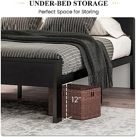 SHA CERLIN 14 Inch Queen Size Metal Platform Bed Frame with Wooden Headboard and Footboard, Mattress Foundation, No Box Spring Needed, Large Under Bed Storage, Non-Slip Without Noise, Black Oak