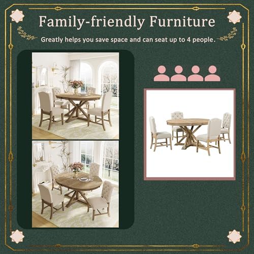LUMISOL Round Dining Table Set for 4, Farmhouse Kitchen Table Set with Extendable Round Dining Table & 4 Upholstered Chairs, 5-Piece Solid Wood Table and Chairs Set for Kitchen, Dining Room, Natural
