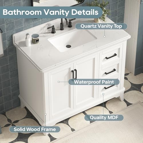 42 Inch Bathroom Vanity with Sink, Pre Assembled, White | Farmhouse Bathroom Vanity Set with Quartz Countertop, Bathroom Storage Cabinet with Soft Close Doors & Dovetail Pine Drawers