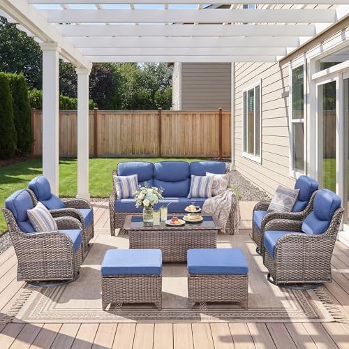 Luxury 8 Pieces Outdoor Patio Furniture Set-All Weather Wicker Swivel Rocker Patio Chairs with 6" Thick Cushion Rattan Sofa Coffee Table, Outdoor Conversation for Garden Porch Backyard(Brown/Blue)