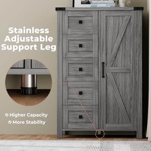 VVFLU Farmhouse Dresser Storage Cabinet Chest of Drawer for Bedroom, 5 Drawer Dresser with Barn Door, 48 Inch Tall Grey Wood Dresser, Adjustable Shelves, Rustic, for Living Room, Entryway, Hallway