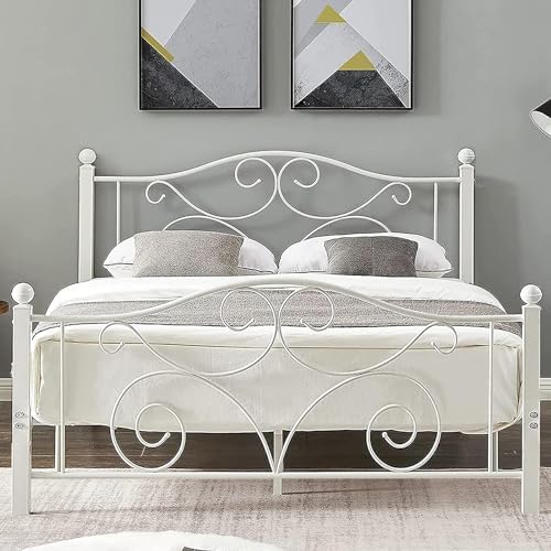 VECELO Queen Size Bed Frame with Headboard and Footboard, Heavy Duty Metal Slat Support, Platform Mattress Foundation, No Box Spring Needed, Easy Assembly, White