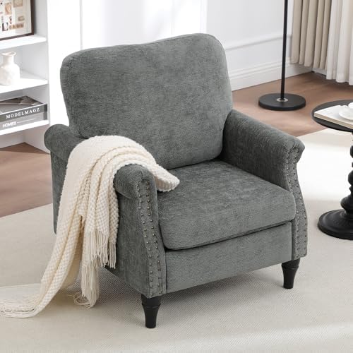 Accent Chair Set of 2 for Living Room Modern Mid Century Reading Chair Armchair High Back Upholstered Armchair with Wooden Legs for Living Room Bedroom Office LIGHTGREY
