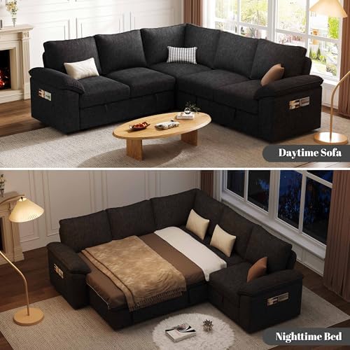 85'' Modular Sectional Sofa with Pull Out Bed, Sleeper Sofa, Black