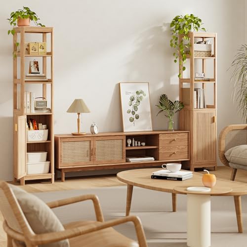 INNOD 68'' Tall Narrow Storage Cabinet with Adjustable Shelf and Door, Bathroom Storage Cabinet, Space Saver for Bathroom, Kitchen, Living Room, Natural Oak