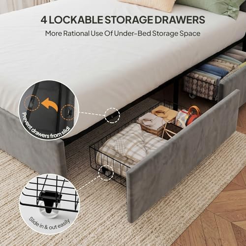 Welzona Queen Upholstered Bed Frame with Headboard & 4 Storage Drawer, Grey