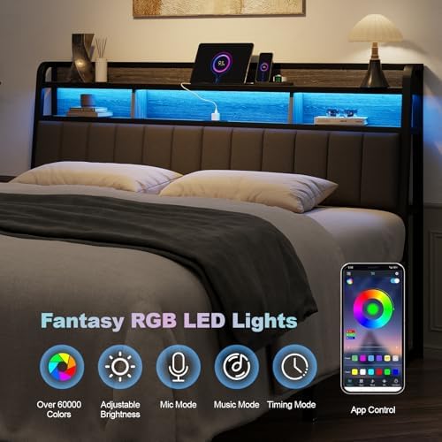 King Headboard Only with Storage, Charging Station, Black & Grey