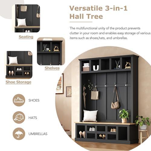 Farmhouse Wood Hall Tree with Bench and Shoe Storage, 5-in-1 Coat Rack with 6 Hooks for Entrance, Hallway Black