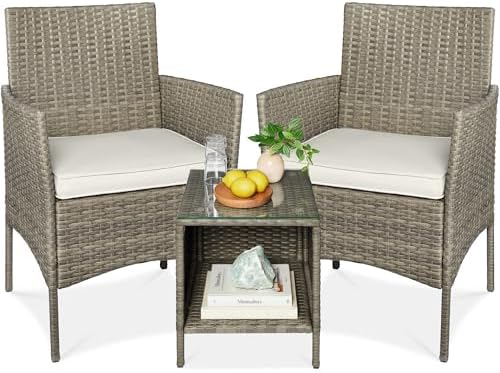 Best Choice Products 3-Piece Outdoor Wicker Conversation Bistro Set, Space Saving Patio Furniture for Garden w/Side Table - Taupe/White Sand