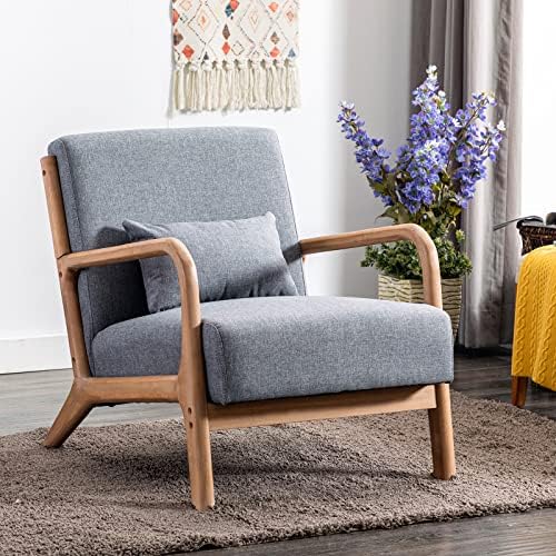 ANJ Mid Century Modern Accent Chair, Single Fabric Lounge Reading Armchair with Solid Wood Frame, Easy Assembly Arm Chairs for Living Room, Grey