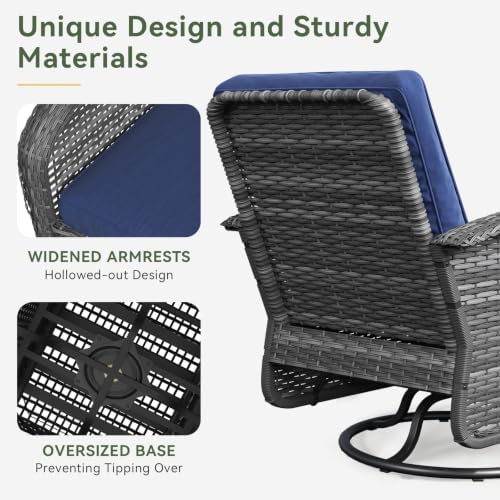 Aoxun 3 Pieces Patio Furniture Set, Swivel Rocker Chairs Set of 2, Navy