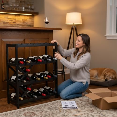 NutriChef 72 Bottle Wine Rack Stackable Bamboo Freestanding, 8-Tier Modular Shelf, Sturdy Wobble Free, Upgraded 2026 Design, Easy No-Tool Assembly for Kitchen, Cellar or Bar 33.5" x 10" x 41" (Black)