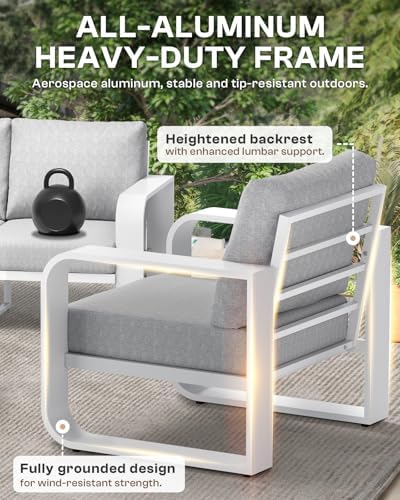 Oversized Aluminum Outdoor Furniture Set, Extra Large Patio Furniture Sofa Set 4.8” Widened Armrest & Ultra-Thick Cushions, 5 Pcs Modern Patio Sectional for Backyard, Porch, White