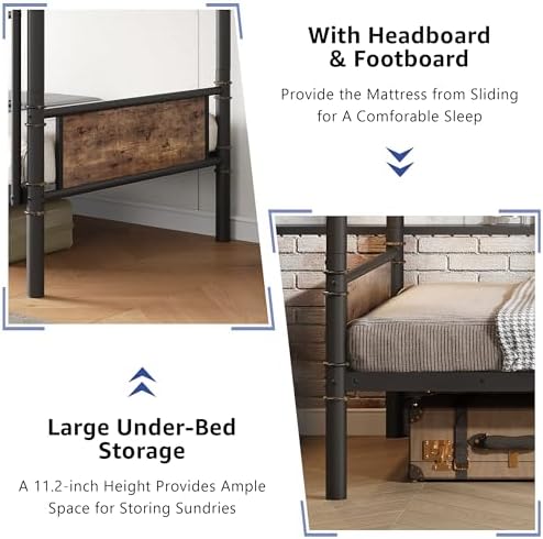 Jocoevol Metal Bunk Bed Twin Over Twin, Industrial Bunkbeds Heavy Duty Bed with Safety Guard Rails and Space-Saving Design, Steel Bed for School, Bedroom (Vintage Brown)