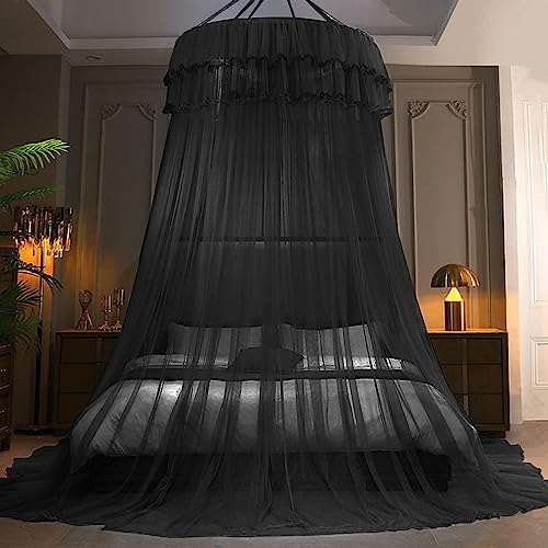 Kertnic Mosquito Net Bed Canopy for Girls, Princess Canopy Bed Curtain Fine Sheer Mesh Dome Bed Canopies, Girls & Adults Lace Tent for Twin Full Queen King Bed (Black)