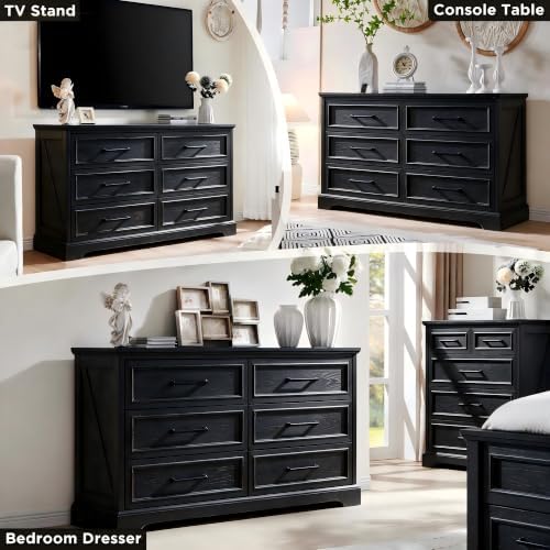 ACCOHOHO 52" Wide Farmhouse 6 Drawer Dresser for Bedroom, Black