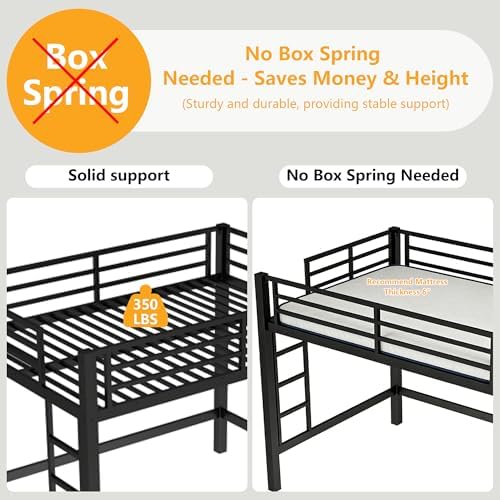Bellemave Full Size Metal Loft Bed Frame with 2 Ladders, High Guardrail & Sturdy Iron Construction, Space-Saving Adult Loft Bed for Dorms, Safe for Kids, Teens, No Box Spring Needed, Black