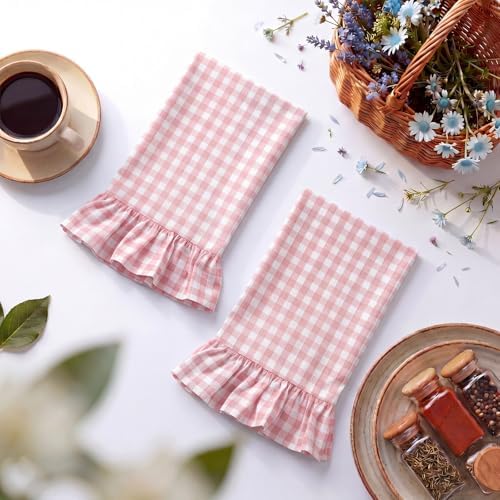 HunnmingRe 2 Pcs Light Pink Gingham Kitchen Towels Cotton Ruffled