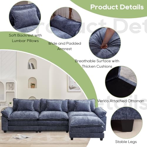 Oprisen 120" Modular Sectional Sofa, Comfy Deep Cloud Couch with Ottoman