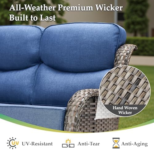 Luxury Outdoor Patio Furniture Set-Wicker High Backrest 3-Seat Patio Sofa with Comfy 6" Cushion, Rattan Couch with Deep Seat All-Weather Patio Conversation Set for Deck Backyard Garden(Grey/Blue)