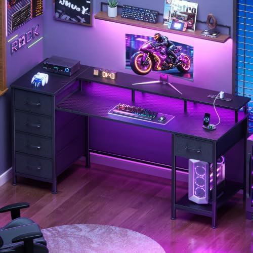 Korfile 55 Inch Gaming Desk with Power Outlets and LED Lights, Reversible Computer Desk with 5 Fabric Storage Drawers, Home Office Desk with Monitor Stand for Working Writing Study, Carbon Fiber Black