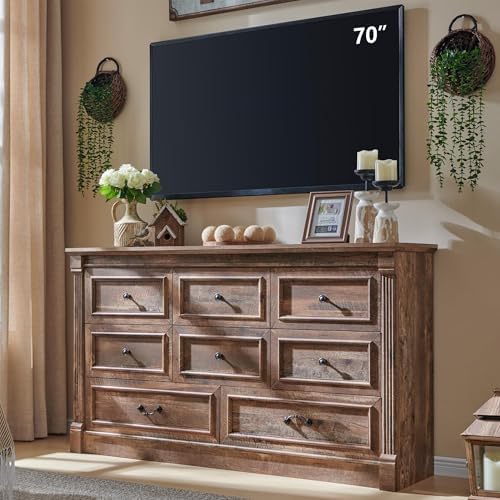 Aitjunz Farmhouse 61" Wide 8 Drawers Dresser for Bedroom, Light Brown