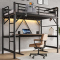 Twin Size Loft Bed with LED Lights and Charging Station, Industrial Heavy Duty Metal Loft Bed Frame with Ladder and Guardrail for Kids Adults, Small Space Saving Design for Bedroom Dorm, Black