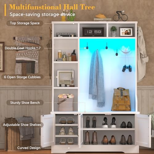 White Hall Tree with Bench and Shoe Storage, Entryway Bench with Storage