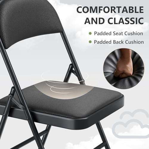 Folding Chairs 10 Pack, PU Leather Padded Folding Chairs for Outside and Indoor, Heavy Duty Portable Foldable Metal Commercial Seat for Home Office, Dorm, Party, Backyard, Lawn, Patio, Black