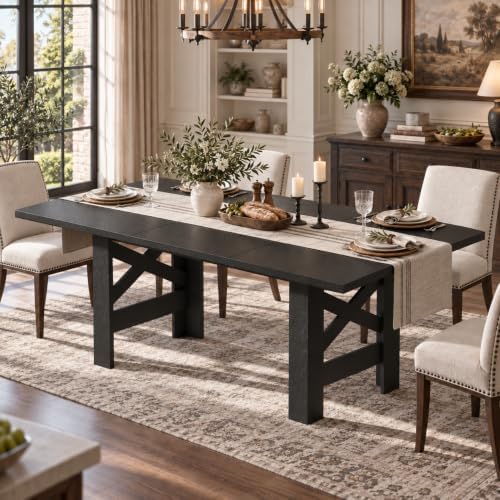 IDEALHOUSE 71" Long Dining Table for 6-8, Farmhouse Wooden Barn Kitchen Table for 6, Triangular Legs, Large Dining Room Table w/Thick Tabletop, Sturdy Frame, for Dinner, Kitchen, Office, Rustic Black