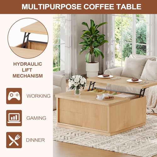 Itaar 39.4'' Lift Top Coffee Table with Storage, Fluted Coffee Tables for Living Room, Square Coffee Table with Large Hidden Compartment & 2 Drawrs & Adjustables Shelves, Oak