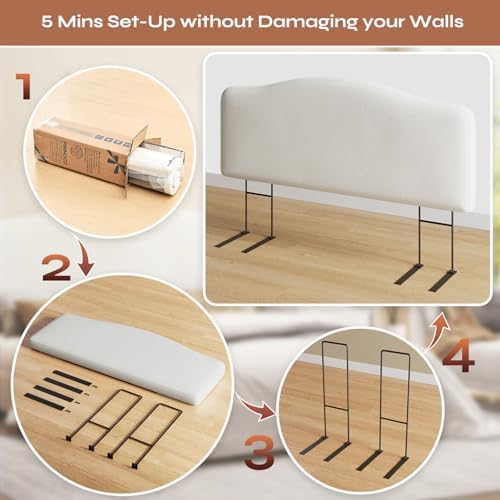 Pinmoco Queen Size Upholstered Headboard, Height Adjustable and Ergonomic Headboard, Memory Foam, Easy Assemble, Sturdy and Durable, Fabric Velvet, Style-Ivory