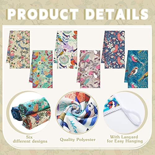 Redbaker 6 Pcs Bird Kitchen Towels Retro Floral Absorbent Dishcloth Set
