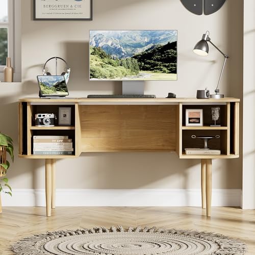 Furniway 55" Modern Writing Desk, Wood Home Office Desk, Natural