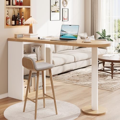 55" Bar Table with Storage, Modern Counter Height Pub Table, Oak