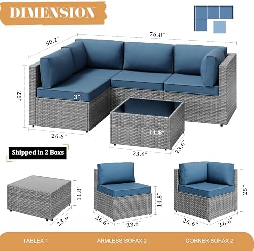 Vongrasig 5 Pieces Patio Furniture Set with Cushion, Glass Table, Navy Blue