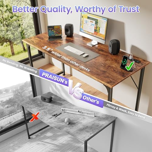 PRAISUN 55 X 20 Inch Computer Desk, Power Outlets, USB-C, Rustic Brown