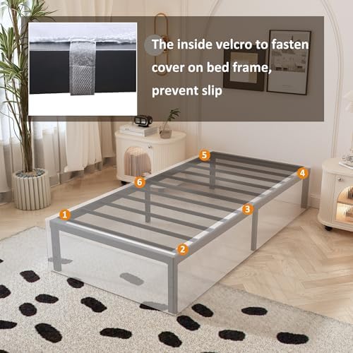 Maenizi Twin Bed Frame with White Fabric Cover 14 Inch, Heavy Duty Metal Bed Frame Twin, No Box Spring Needed, Support Up to 2500 lbs, Easy Assembly, Noise Free, Black