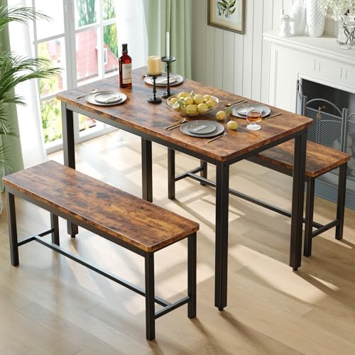 Tatub Dining Table Set for 4, 3-Piece Kitchen Table with 2 Benches, Space-Saving Dining Room Set for Breakfast Nook and Small Spaces, Brown