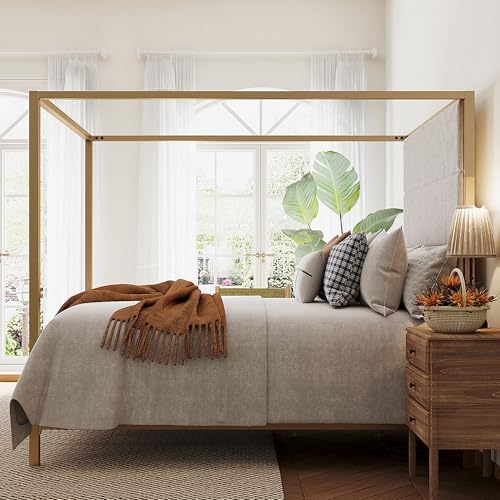 Merax Queen Size Gold Metal Canopy Bed Frame, 76.5" Tall Linen Upholstered Headboard, 4-Poster Bed with 800 lbs Capacity, Box Spring Required for Bedroom, Gold+Tan