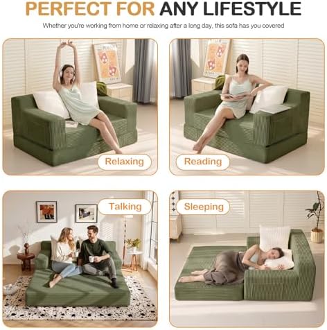 Erament Boneless Loveseat Convertible Sofa Bed, Folding Floor Futon Sleeper Sofa Couch Bed- Boneless Foldable Couch, Corduroy Pull Out Sofa Bed with 2 Pillows for Living Room & Bedroom