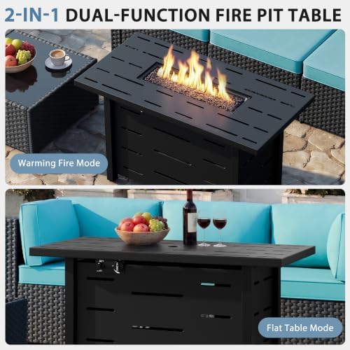 Shintenchi 6 Piece Outdoor Patio Furniture Set with 43 Inch Propane Fire Pit, Washable Cushions, Glass Coffee Table, Waterproof Cover & CSA Certified for Backyard Poolside, Black PE Rattan/Blue